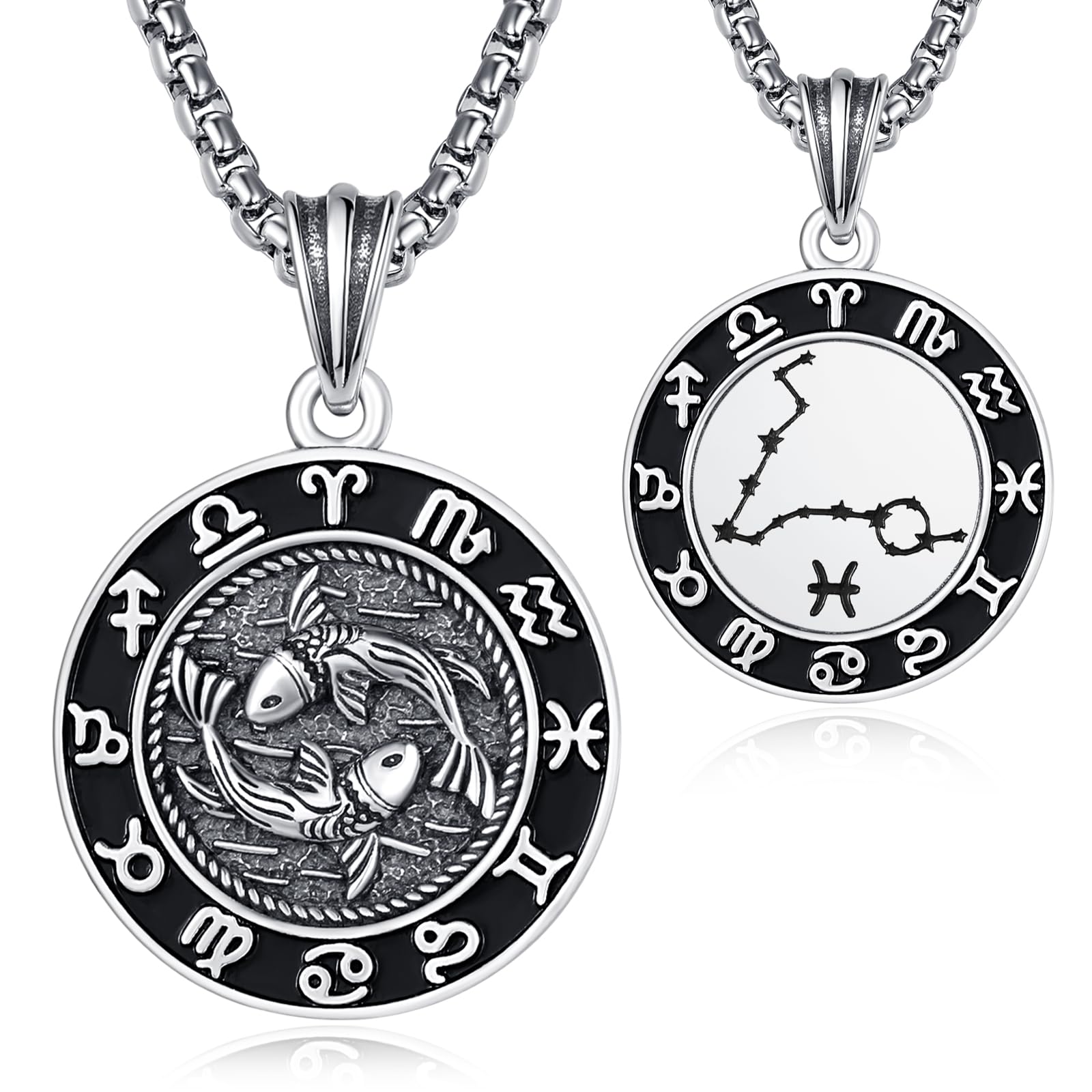 KINGWHYTE 12 Sternzeichen Anhänger Kette für Herren 925 Sterling Silber Konstellation Kette 22mm Astrologie Horoskop Anhänger Runde Tierkreiszeichen Halskette Sternbilder Schmuck Geschenke für Männer