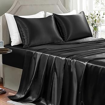 Love's cabin California King Satin Sheet Sets - 4 Piece Silver Silky Sheets Bed Set with Deep Pocket, Luxury Silk Feel Satin Cal King Sheet Set (1 Flat Sheet,1 Fitted Sheet,2 Pillow Cases)
