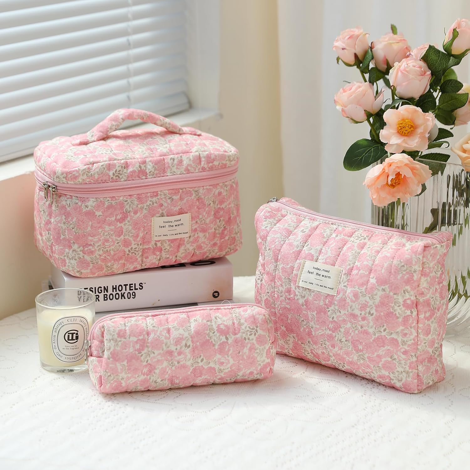 3Pcs Makeup Bag Cotton Quilted Travel Cosmetic Bag Cute Floral Makeup Pouch Large Toiletry Bag for Women Girls (Flowers-Pink3) - Image 7