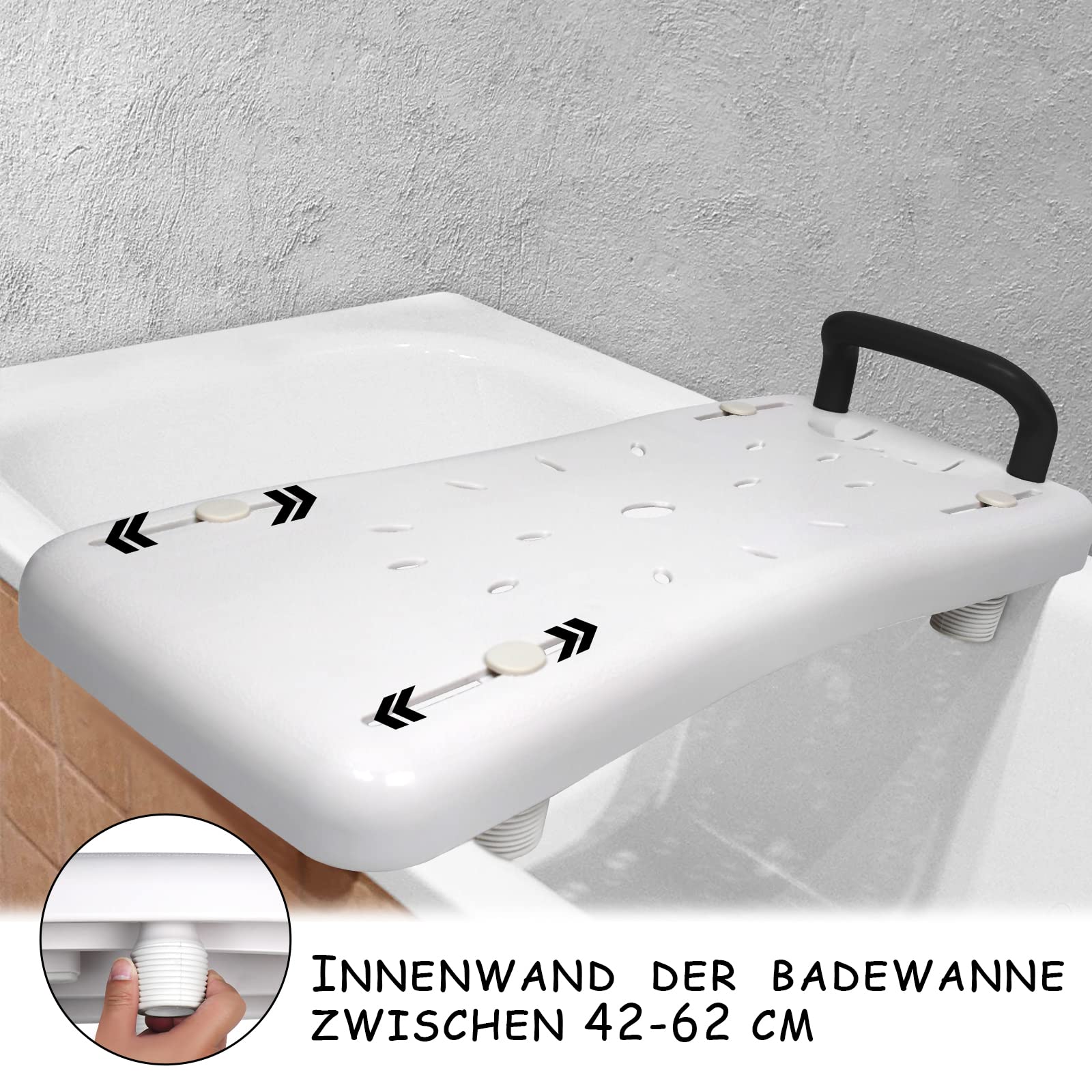 Siège de bain pour personnes âgées, planche de bain pour s'asseoir, 70 x 31 cm, réglable de 41 à 63 cm, pour baignoire, planche blanche, plastique PP, poignée noire, poignée jusqu'à 150