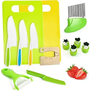 Chanking 13 Pieces Kids Safe Knife Set for Real Cooking Child-Friendly Plastic Chef Tools Montessori Kitchen Toys for Toddlers with Bright Colors Gifts for Boys and Girls