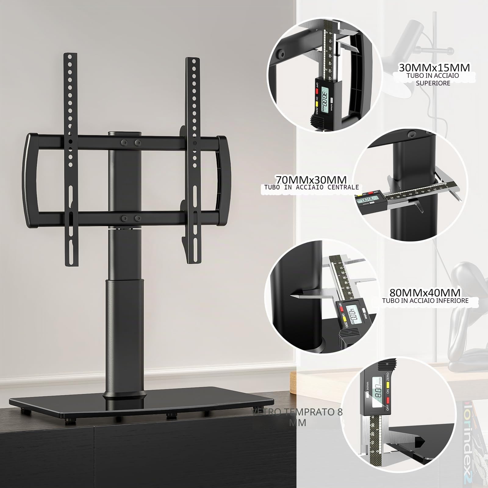 Hemuduplus Supporto TV da Tavolo, Staffa TV da 27 a 60 Pollici, Supporto TV Girevole 80º, 4 Livelli Regolabili in Altezza, Piedistallo TV Regge Fino a 45 kg, Staffa TV Max Vesa 400X400mm