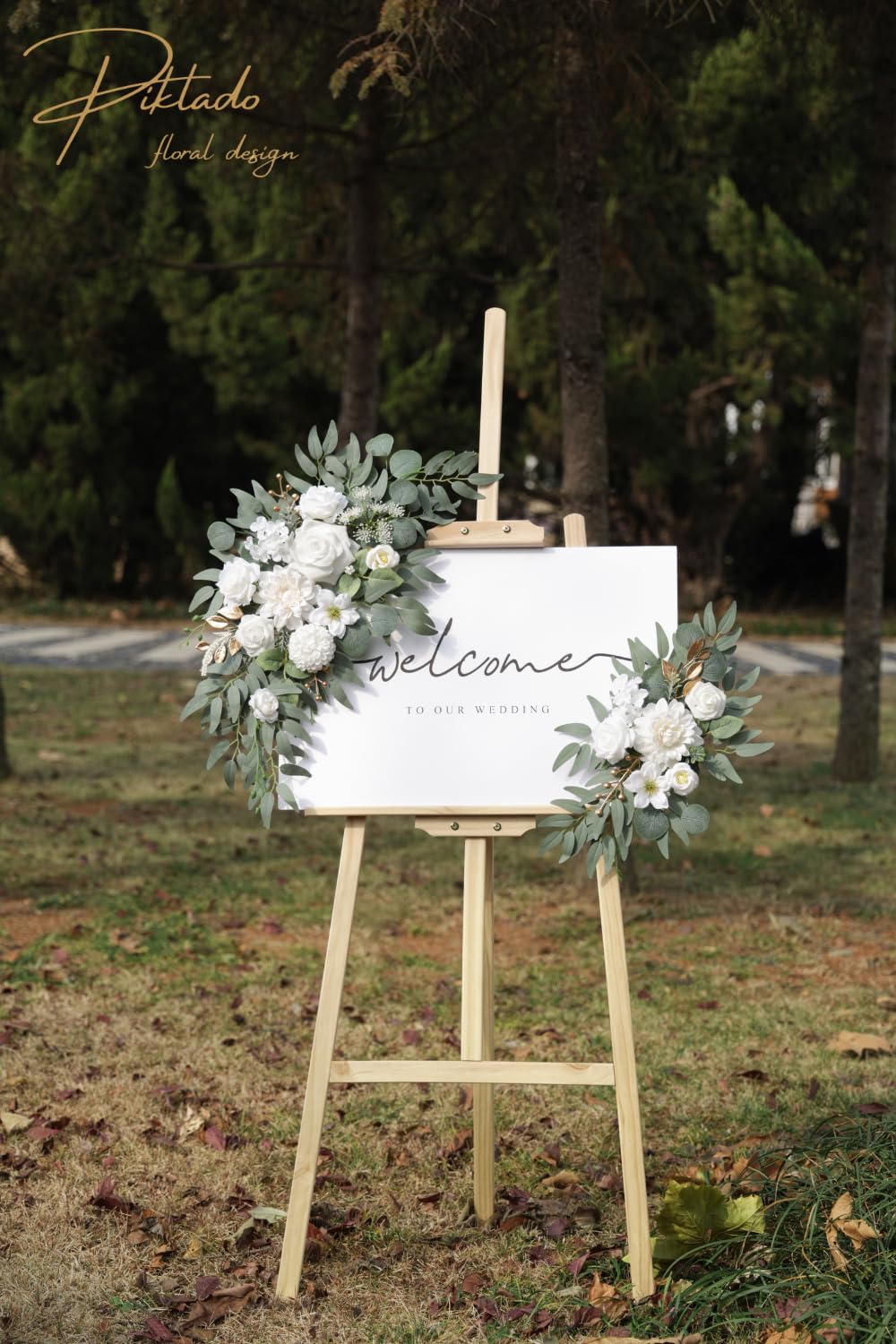Kunstblumen-Girlande, 2 Stück, für Hochzeit, Willkommensschilder, Blumengirlande, Hochzeitsempfang, Zeremonie, Schilder, Dekoration (A-Weiß)
