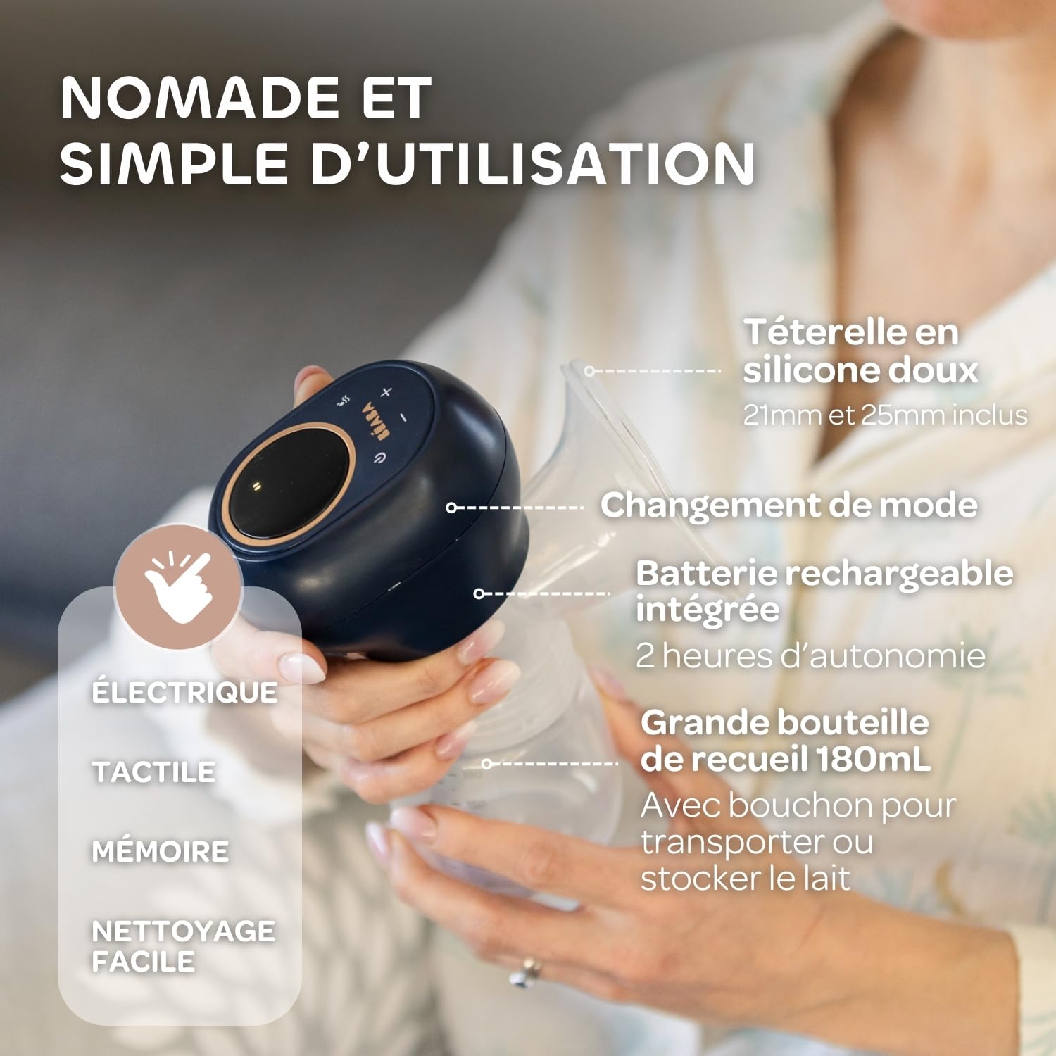 BÉABA, Tire lait electrique Simple, Nomade et Léger, 3 Modes, 9 Niveaux, Silencieux, Grande Contenance 180mL, Veilleuse, Minuterie, Fonction Mémoire, 6 séances, Charge USB C, Night blue