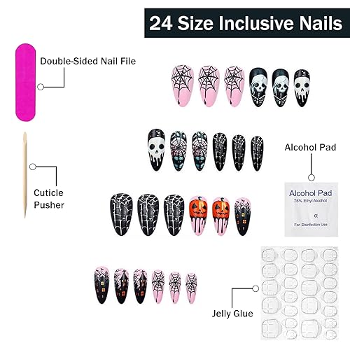 Miniatura 55 de Uñas postizas a presión de Halloween, cuadradas, medianas, francesas, color negro, degradado, cobertura completa, calavera, corazón rosa, con Uñas