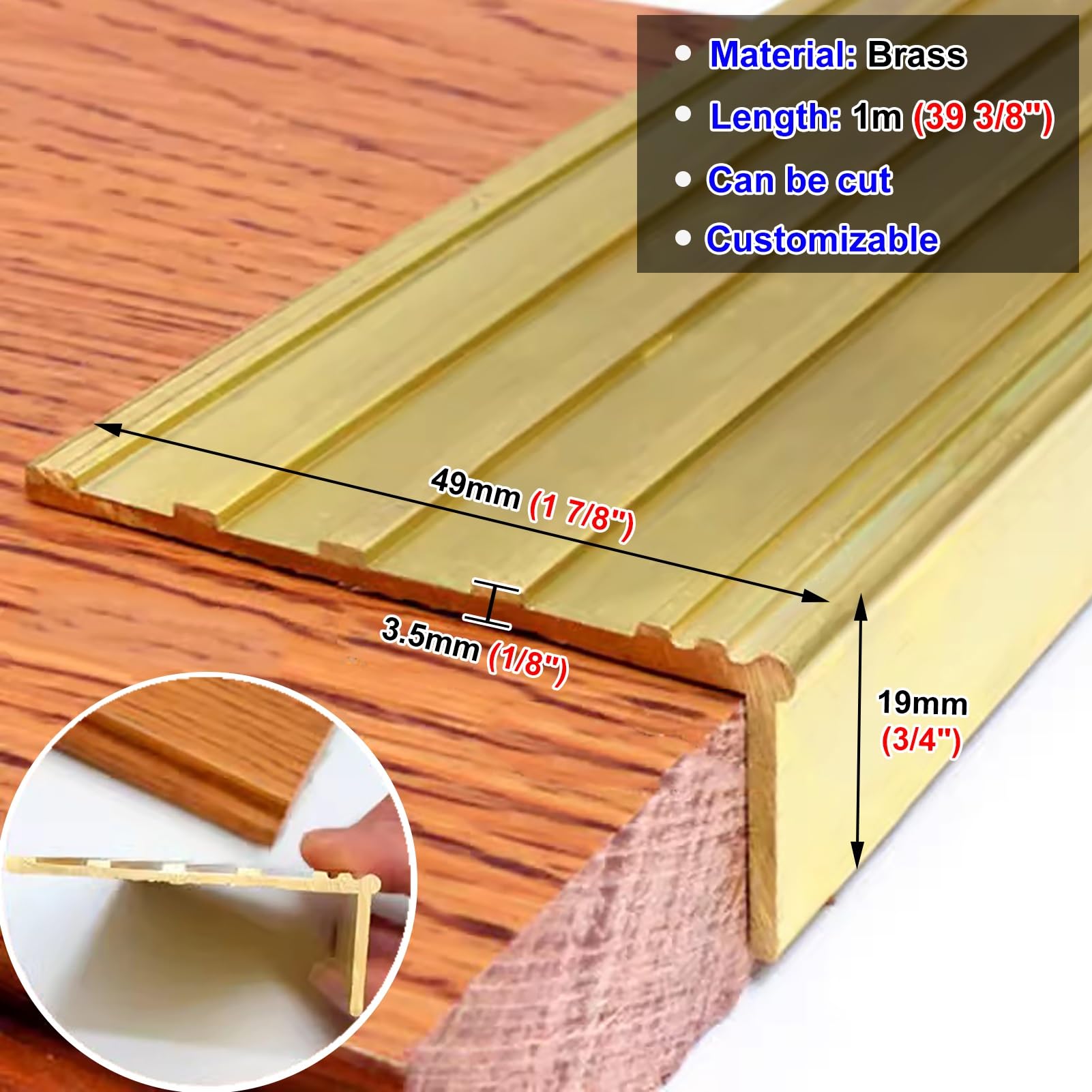 1 Pieza de moldura de latón para el Borde de la Escalera - Tira Protectora Antideslizante para escalones de Madera y baldosas - Moldura Protectora Duradera para el Borde de la Escalera (Tama