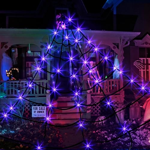Miniatura 7 de Vanthylit Decoraciones de Halloween para exteriores, luces gigantes de telaraña de 16 x 15 pies con 135 luces LED moradas iluminadas para fiestas,