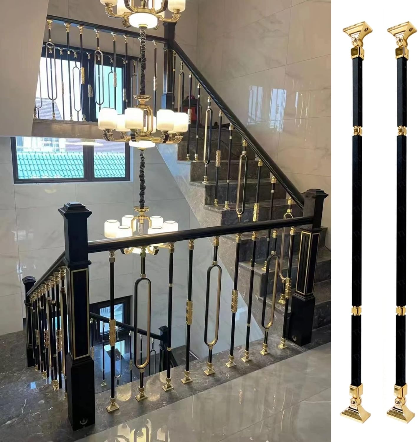 95cm Adjustable Bracket Stairway Railing Kit, 1 2 4 5 6 8 10 Pack Staircase Spindles for Indoor Outdoor Stairs Farmhouse Hallway Entrance Basement, Adjustable Top Brackets(Style-1-6 Pcs)