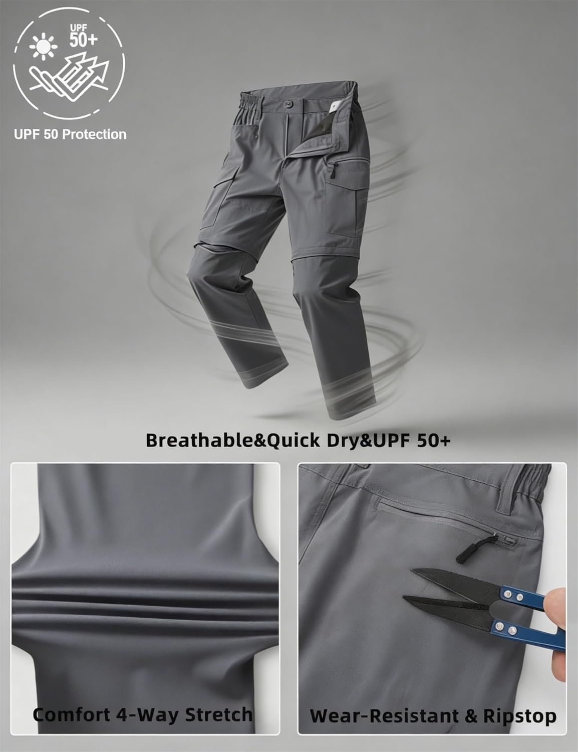 AKARMY Mens Hiking Lightweight Pants Quick Dry Zip Off Outdoor Waterproof Convertible Fishing with 6 Pockets