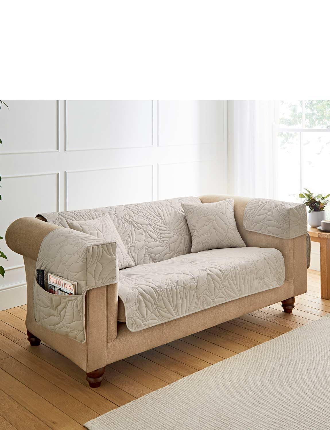 Chums Sofia Quilted Furniture Protector with Leaf Design Stylish 3 Seater Cover Protects from Spills, Stains & Pet Mishaps Easy Install & Durable Design Taupe 3