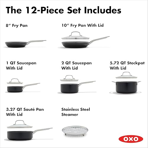 Miniatura 3 de OXO Agility Series - Juego de ollas y sartenes de 12 piezas antiadherentes de cerámica sin PFAS, inducción, sartenes, cacerolas, tapas, calefacción