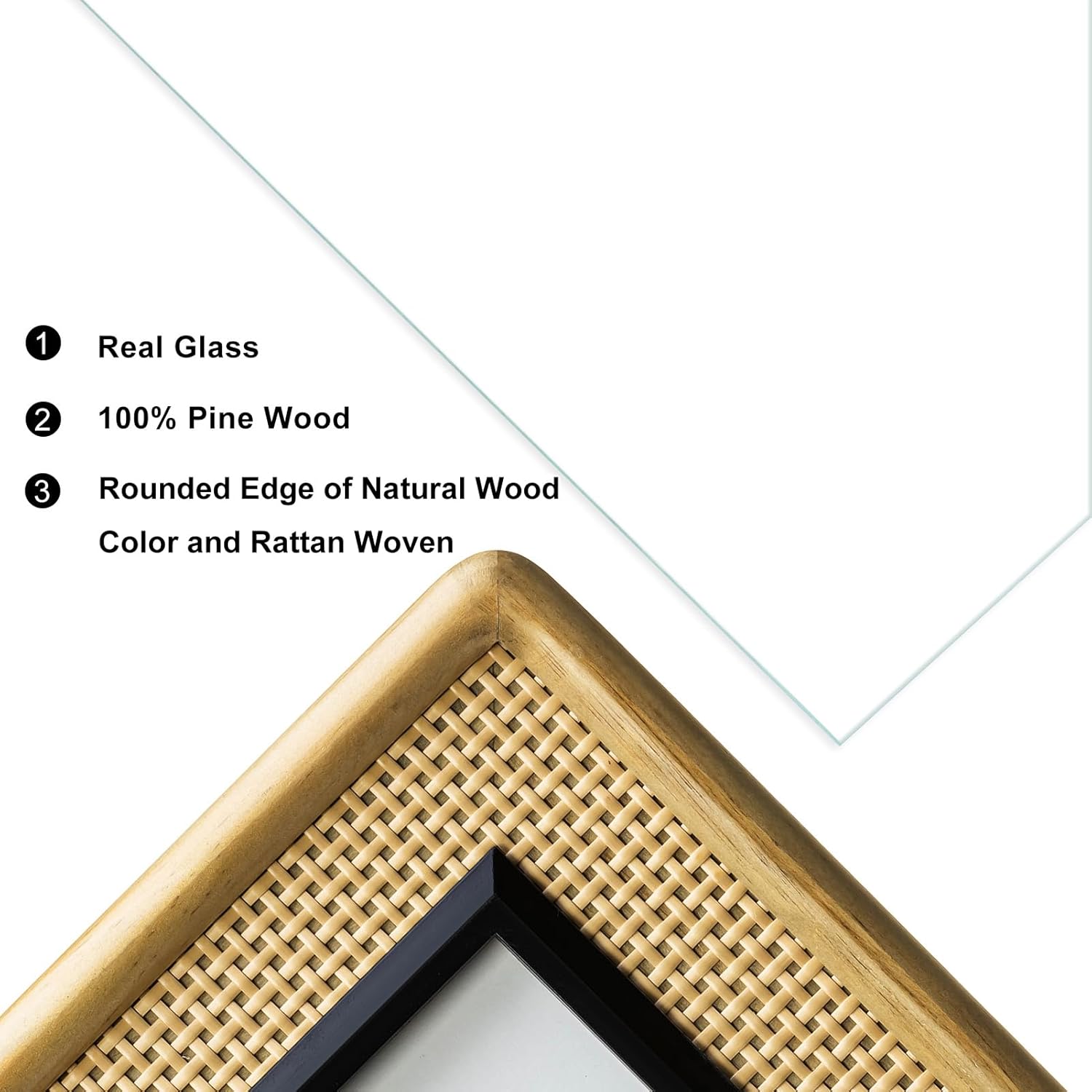8x10 Picture Frame, Natural, Black and Rattan Trim, Pine Wood with Real Glass, Matted to 5x7, Vertical and Horizontal for Tabletop or Wall Hanging Display Photo Frame