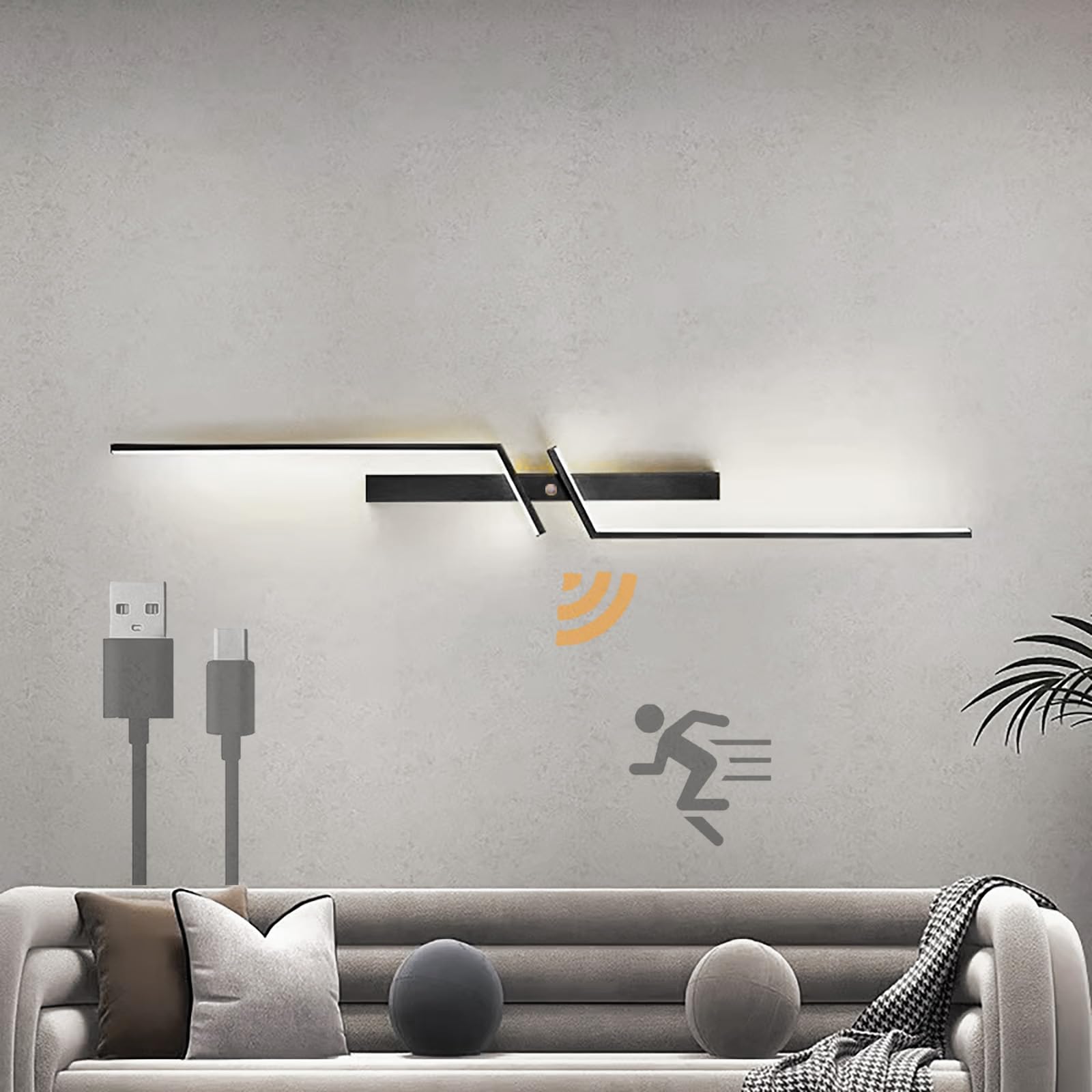 Aplique de Pared LED de Noche con Sensor de Movimiento, Moderno, Lineal, a Pilas, Tira Larga, Recargable por USB, de Metal, para pasillos y más (60 cm, luz Blanca Dorada) (luz Blanca Negra de 80 cm)