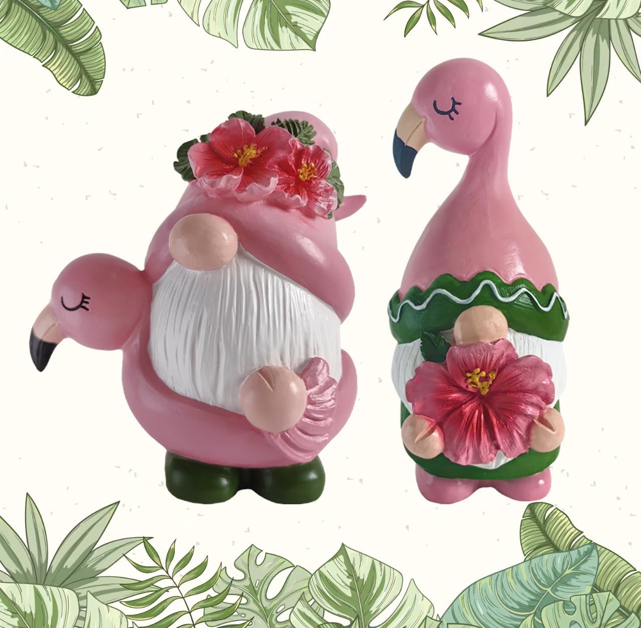 Summer Flamingo Gnome with Flower Figurines 2 Pcs, Resin Pink Bird Sculpture Beach Tropical Decor for Garden Patio Yard Lawn Porch