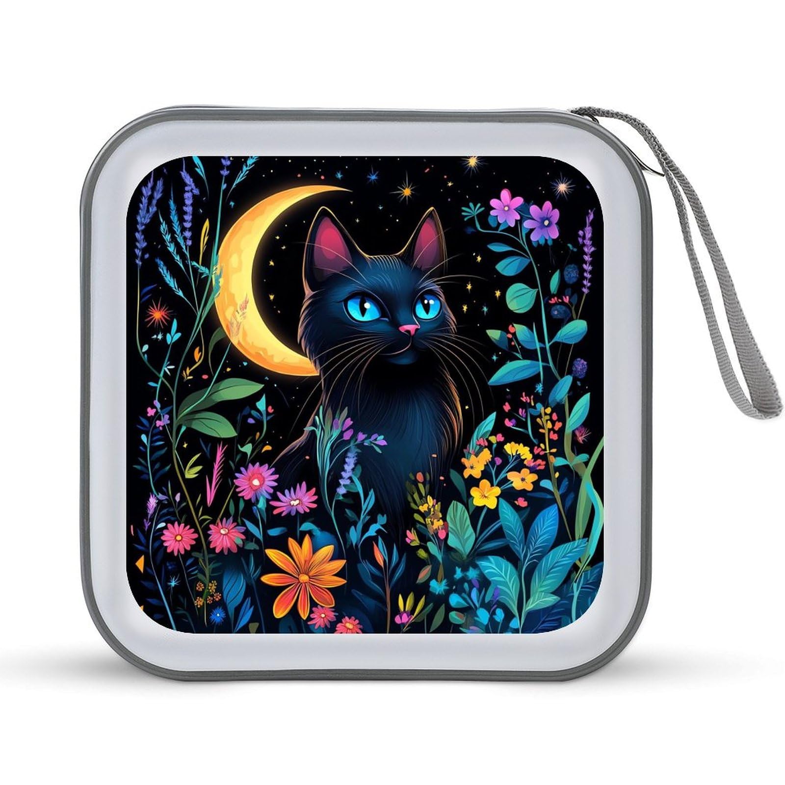 Black Cat With Flowers CD Case Plastic DVD Case Holder Wallet Disc Storage Organizer for Car Travel
