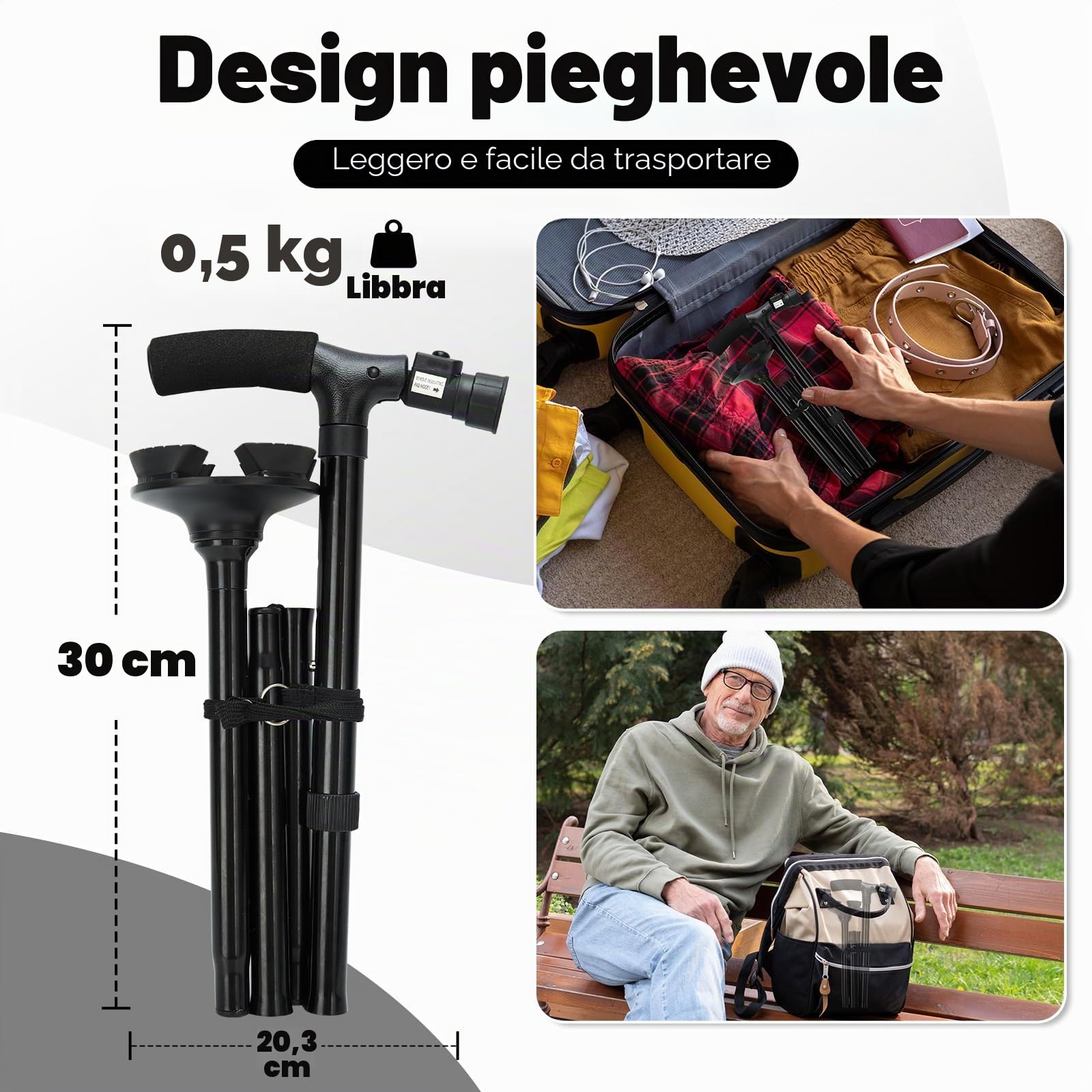 Bastone pieghevole con luce a LED, Ohuhu Bastone Passeggio Pieghevole Regolabile in Altezza per il Trasporto, con cuscino a T e base girevole, con borsa di stoccaggio