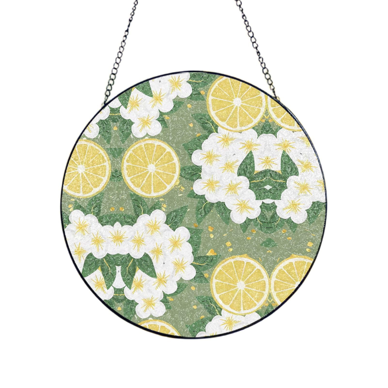 Phayah Fresh Lemon Print Glass Window Hanging Round Suncatcher Glass Ornament Garden Wall Fence Decorations Indoor Outdoor 8in（20cm）