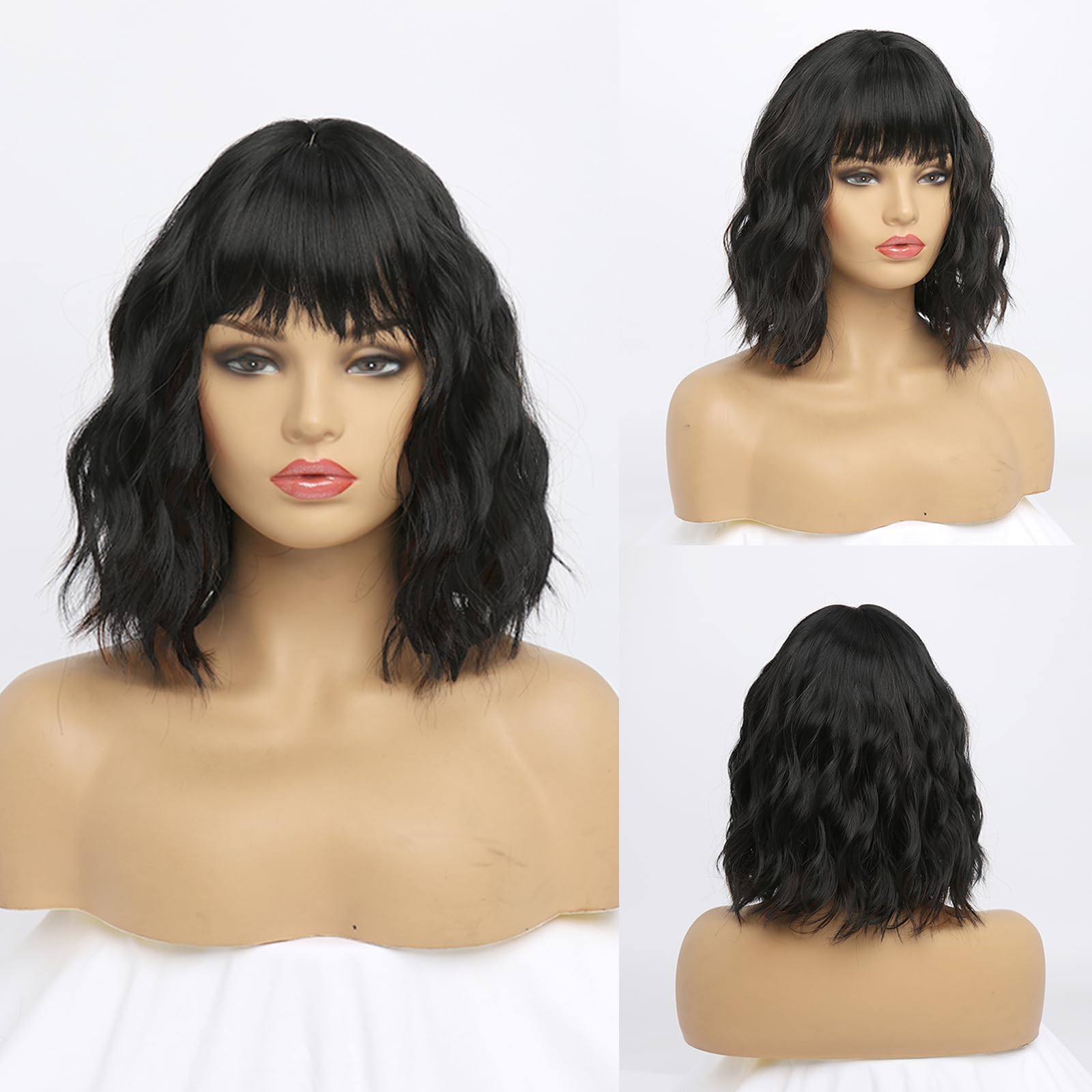 YaissmyLu Short Black Wig With Bangs Bob Wigs for Women Synthetic Natural Hair Medium Length Wig Water Wave(12 Inch) - Image 2