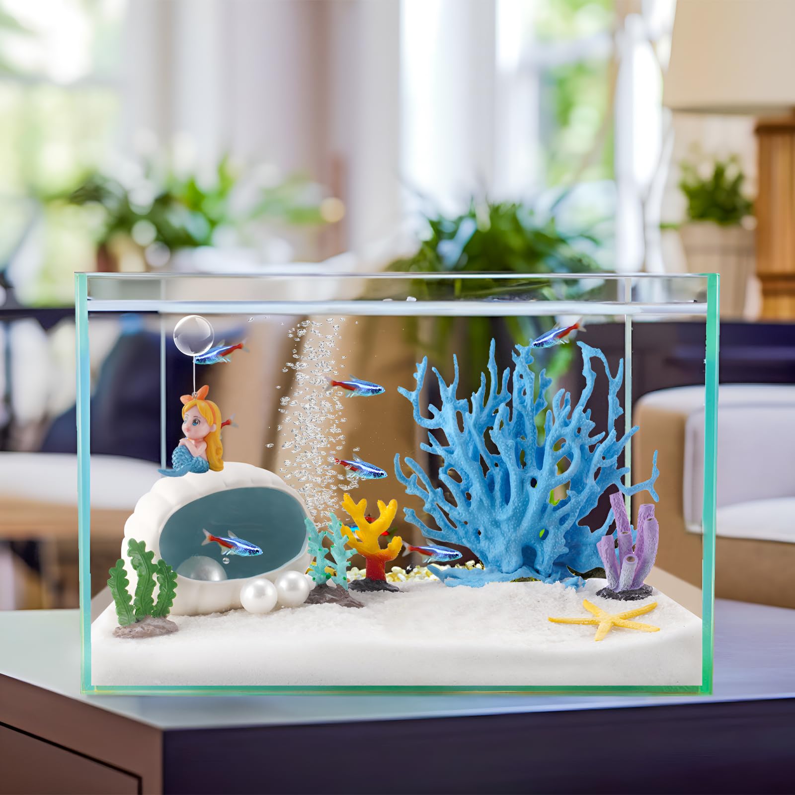 Yawkey Juego de decoración de acuario: corales vibrantes, estrellas de mar, conchas con perlas y figuras de sirena: solución única de paisajismo acuático para una escena submarina mágica (azul)