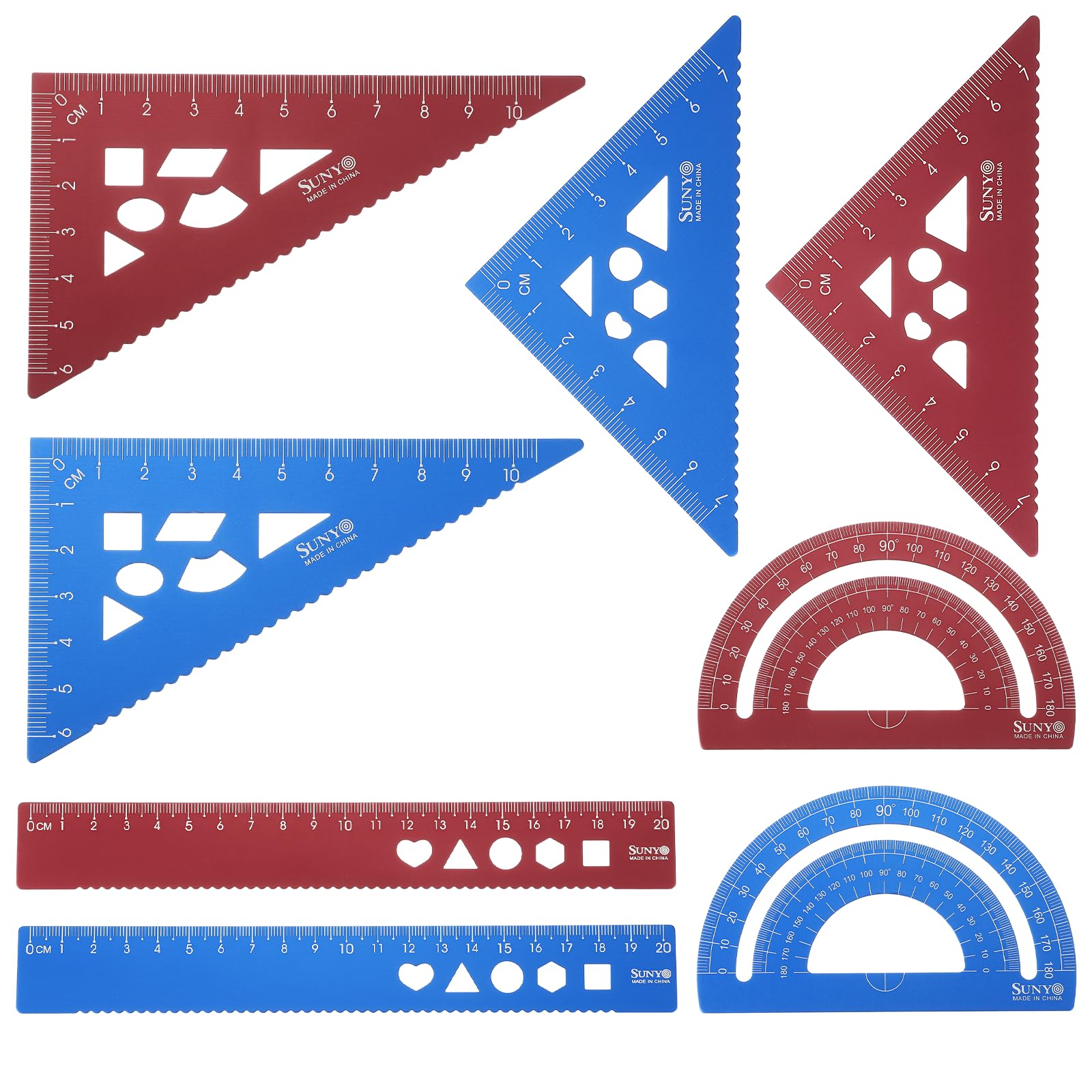 sourcing map 8pcs Triangular Ruler Set 20cm Aluminum Alloy Straight Geometric Protractor Triangle Engineering Scale Drafting Ruler Kit Measuring Drawing Tool for Classroom Office Home, Blue/Red