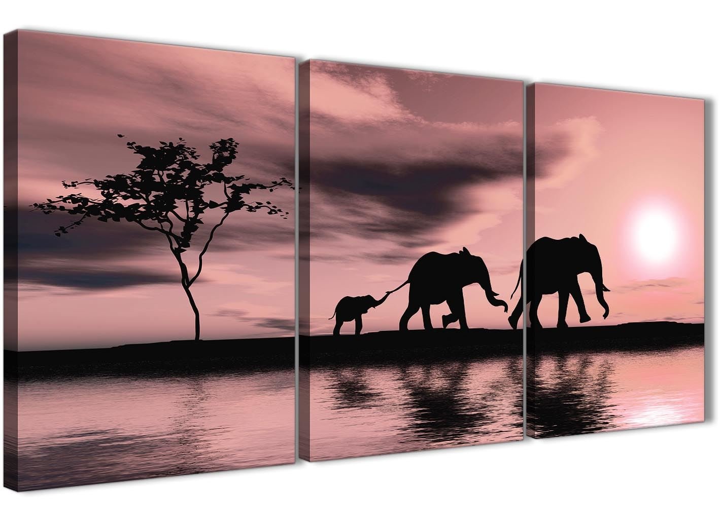 Wallfillers Blush Pink African Sunset Elephants Canvas Wall Art Print - Split Set of 3-125cm Wide - 3361