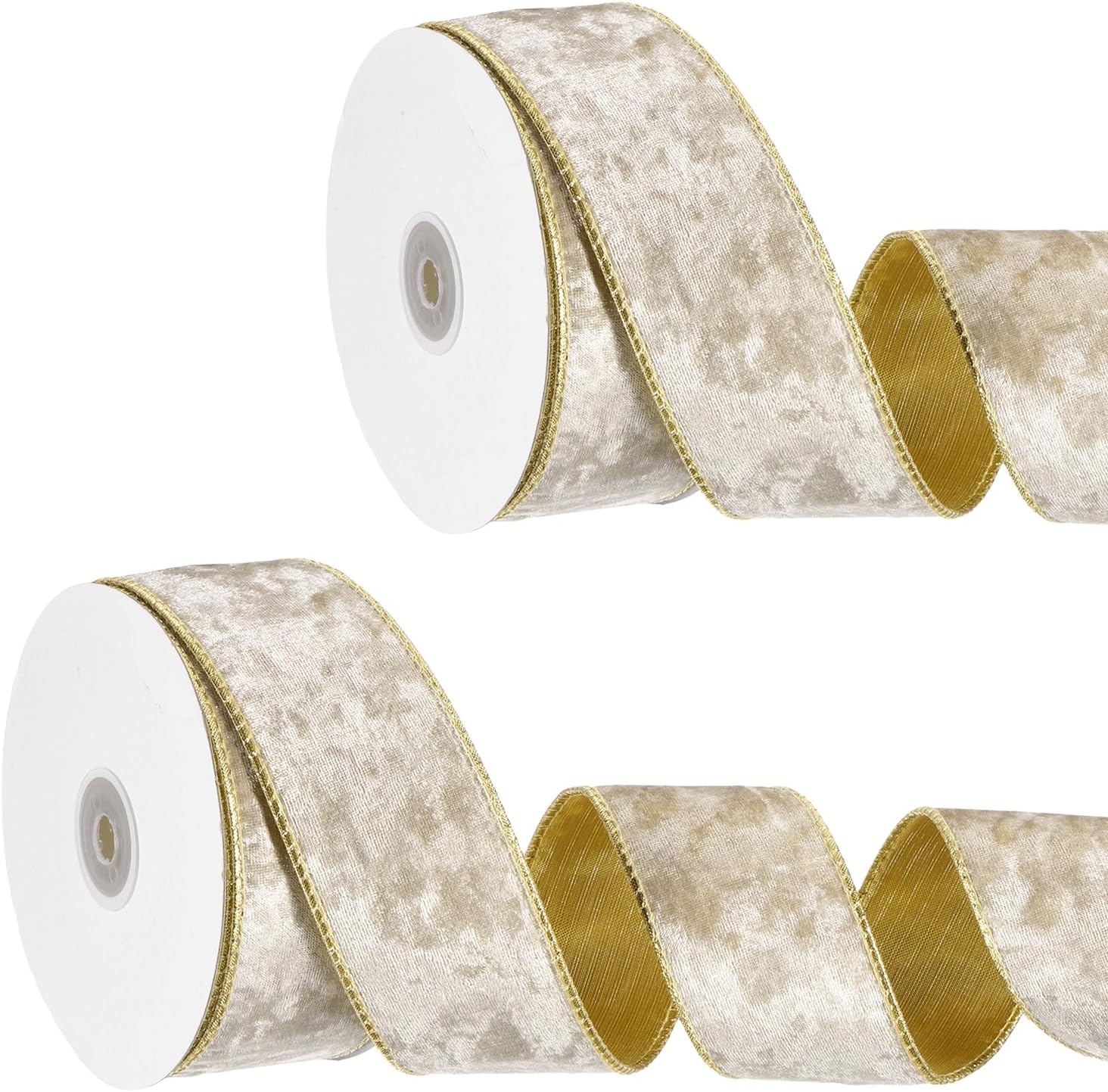 PATIKIL Velvet Wired Ribbon, (1.6 Inch x 10 Yards, 2 Pcs)(Champagne) Velvety Gold Crushed Ribbons Gift Wrapping Binding, Suit for- Crafts/Bow/Wreaths/Christmas Tree Decoration