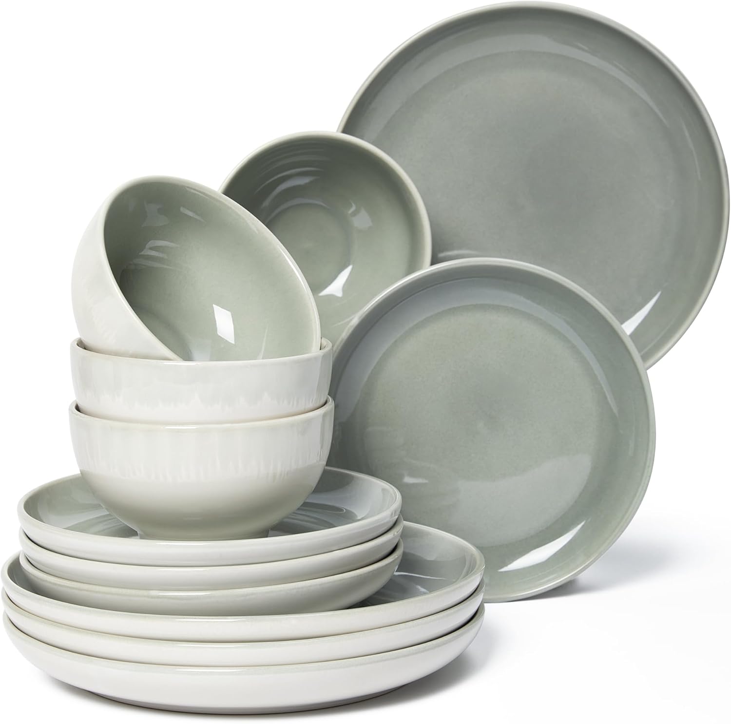Stoneware Dinnerware Set, POKINI 12 PCS Reactive Glaze Plates and Bowls Set, Handmade Round Ceramic Dish Sets Service for 4, Highly Chip and Crack Resistant Modern Dinner Plate Set, Gradient Green