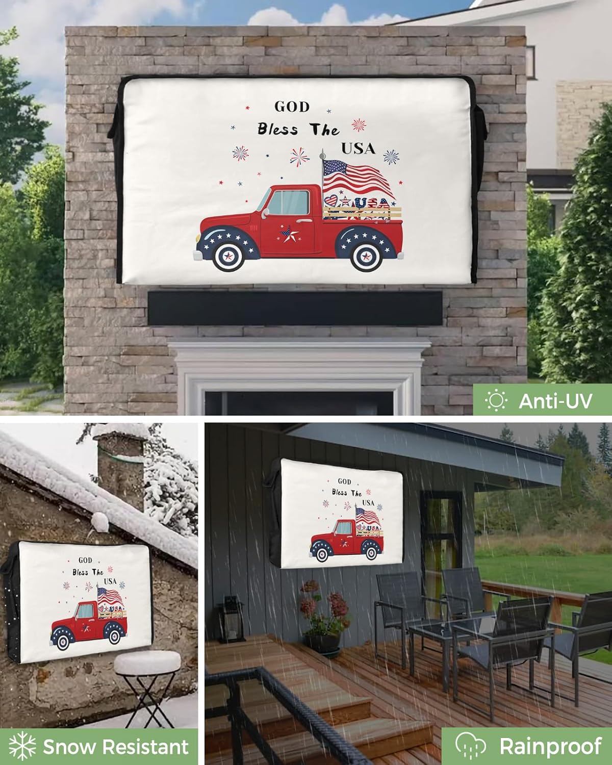 Outdoor TV Cover - Happy Truck Pull American Flag Waterproof and Weatherproof 70"-75" LCD Movable Shield TV Display Screen Protector Outside Television Covers