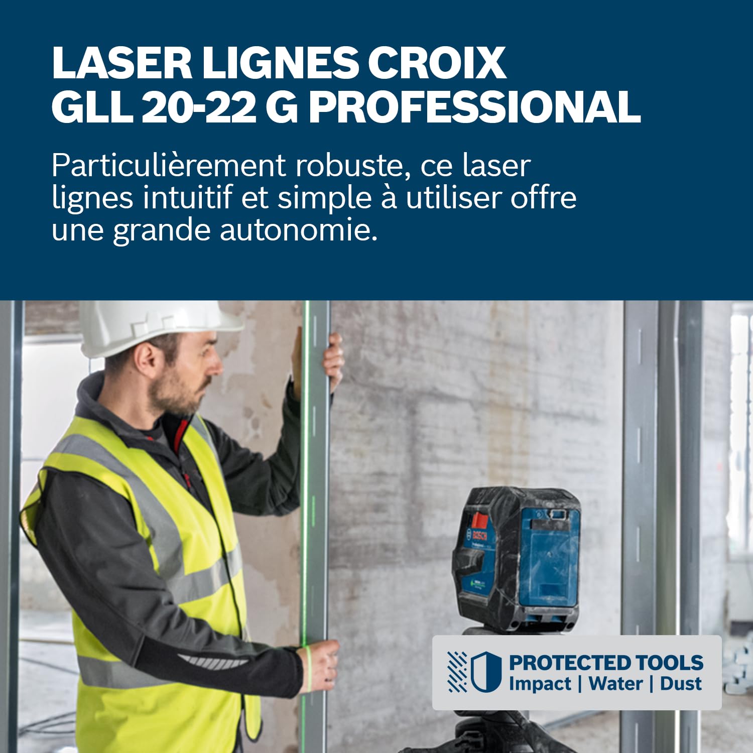 Bosch Professional laser lignes GLL 20-22 G (support de fixation LB 10, laser vert, pour utilisation en intérieur, alimentation dual power, 2 piles 1,5V LR6, housse de protection, trépied BT 150)