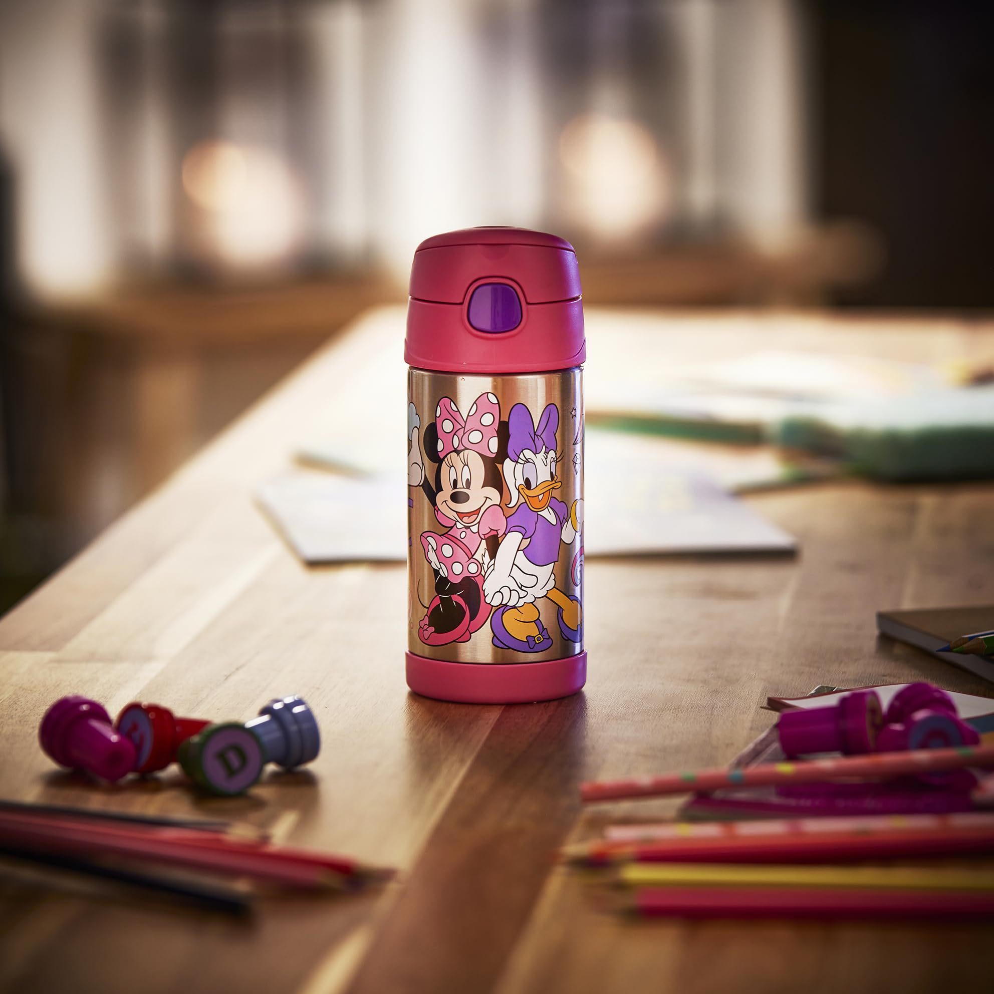 Thermos Kids FUNTAINER STRAW BOTTLE DISNEY 0,35 l, bottiglia termica per bambini in acciaio inox con cannuccia, 12 h freddo, lavabile in lavastoviglie, ermetica senza anidride carbonica, bottiglia
