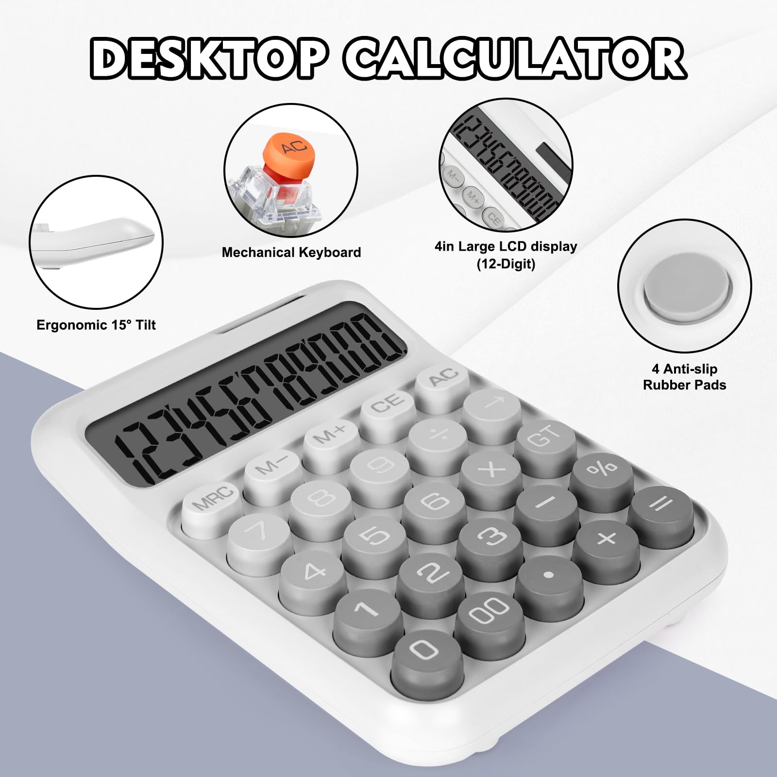Calculadora Mecánica De 24 Teclas Con Interruptores Azules | Pantalla LCD Grande, Teclas Extraíbles | Batería Integrada 600 MAh, Ahorro De Energía