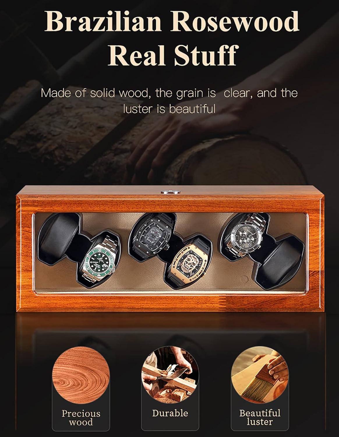 Gaone Automatic Watch Winder for 6 Watches Self Winding Mechanical Watch Brazilian Rosewood Wooden Self-Winding Mechanical Watch Box Rocker Storage Display Case,B