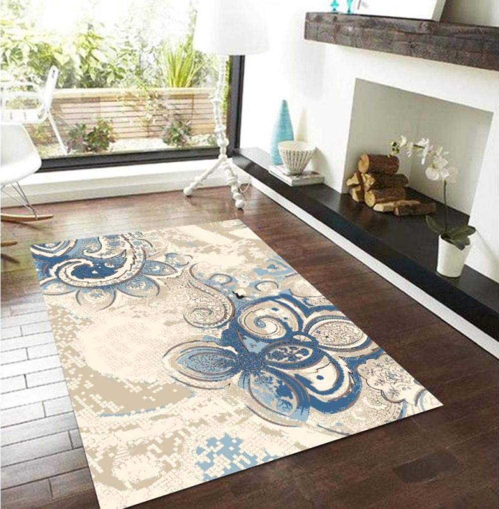 Tapis de salon bleu crème 80x160 cm imprimé traditionnel et doux