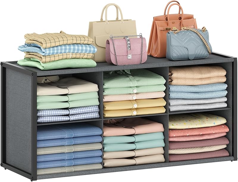 Stackable Closet Organizer Shelf,6 Cube Bins Storage Basket for Clothes, Handbags Sweaters Jeans Pants Shirt, Space Saving Closet Organizer for Bedroom Wardobe, Closet System-Grey