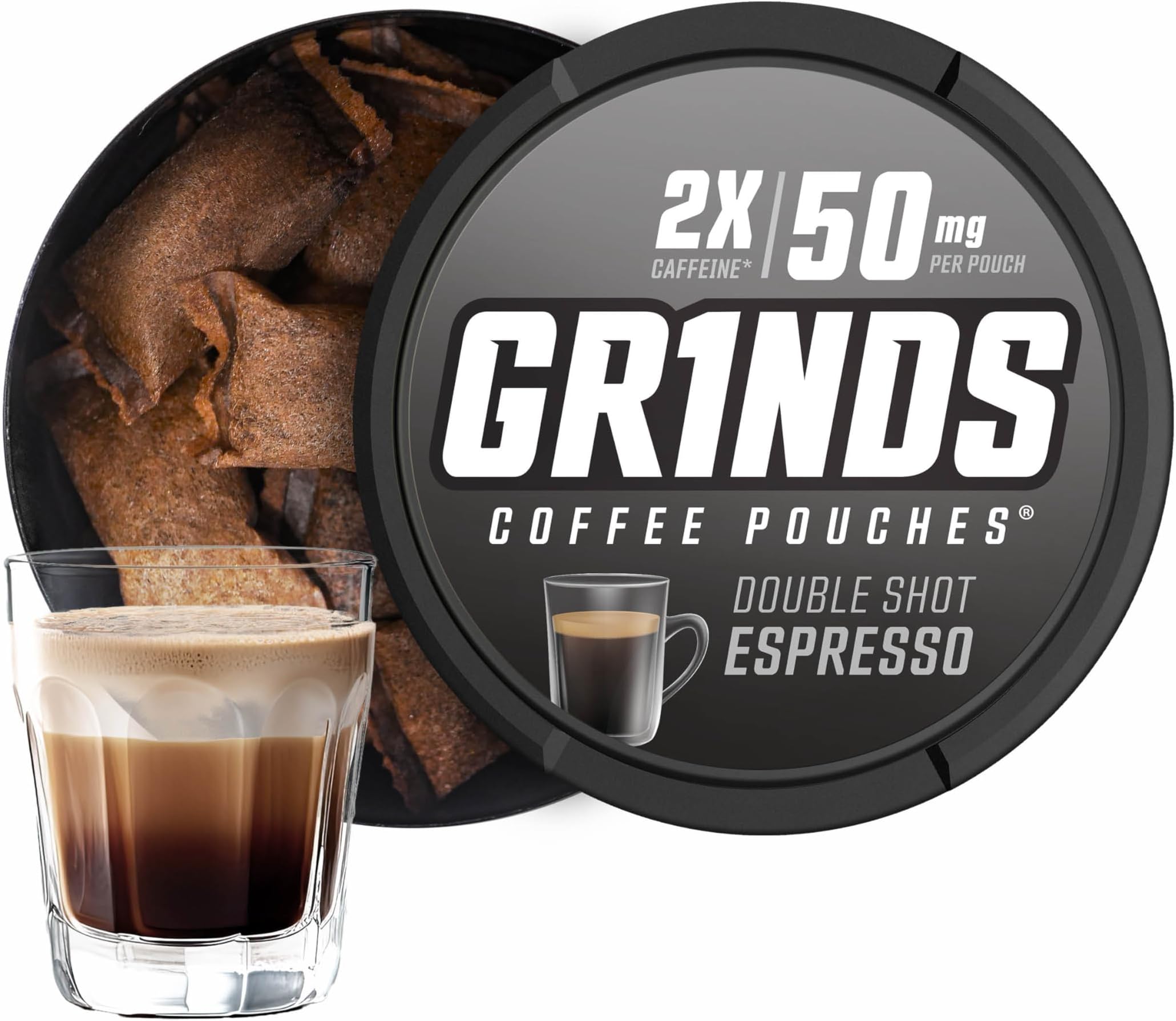 Grinds Coffee Pouches | 3 Cans of Double Shot Espresso | Tobacco Free, Nicotine Free Healthy Alternative | 18 Pouches Per Can | 2x Caffeine 1 Pouch eq. 1/2 Cup of Coffee