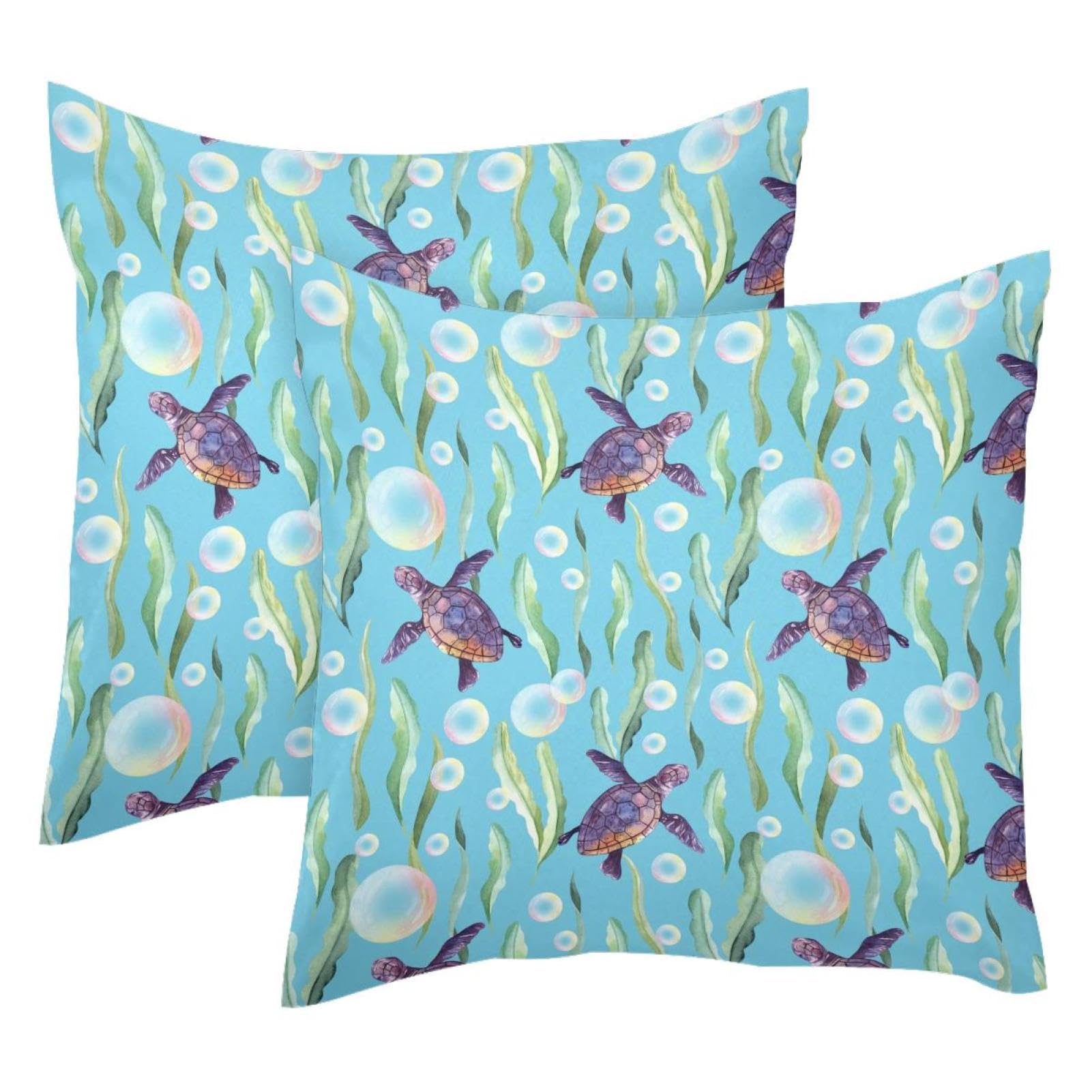 Housse de coussin tortue de mer en lot de 2 décorations carrées bleues et corail de 45x45 cm
