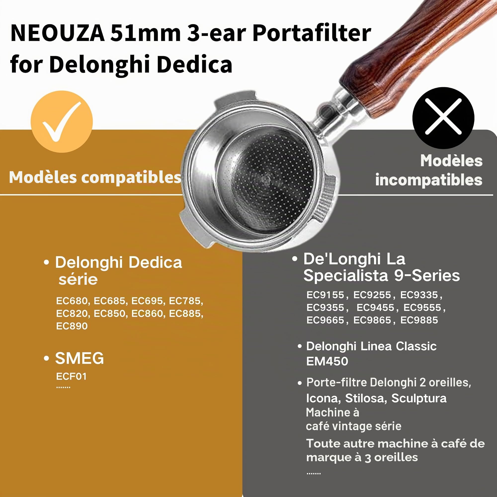 NEOUZA – Porte-filtre Espresso 51 mm compatible avec machine à café DeLonghi Dedica EC680 EC685 Smeg, panier non pressurisé, double becs (3 oreilles)