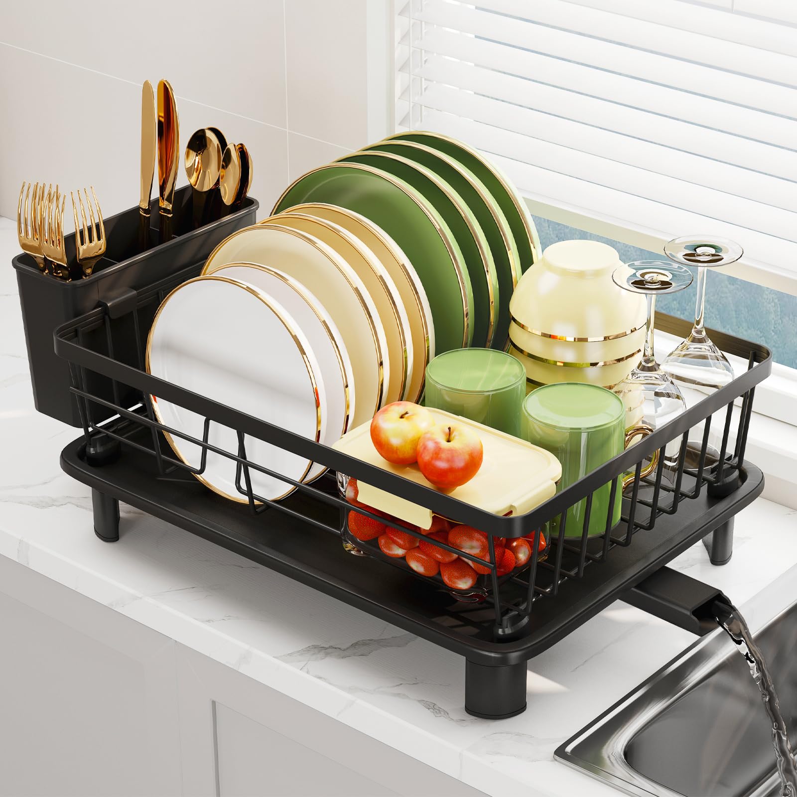 GHERISN Dish Drainer Rack with Drip Tray, Sink Dish Drainer with Drainage Spout, Stainless Steel Dish Drying Rack with Cups, Utensil & Cutting Board