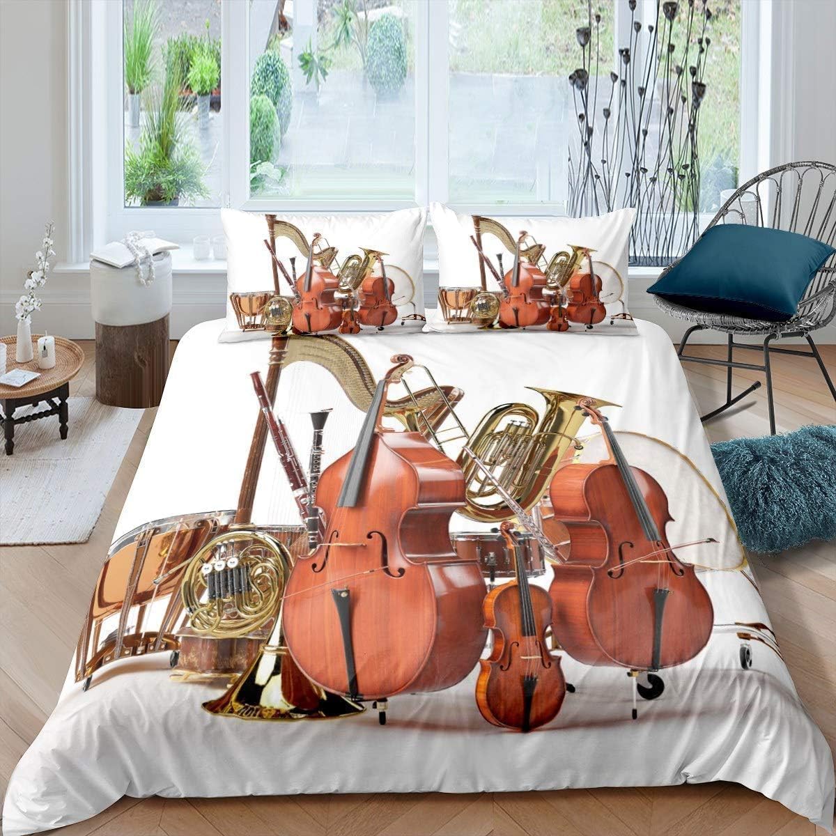 3-częściowy komplet pościeli 200 x 200 cm, poszwa na kołdrę 200 x 200 cm, instrument muzyczny, druk 3D, zestaw pościeli z miękkiej mikrofibry z zamkiem błyskawicznym i 2 poszewkami na poduszkę 80 x 80