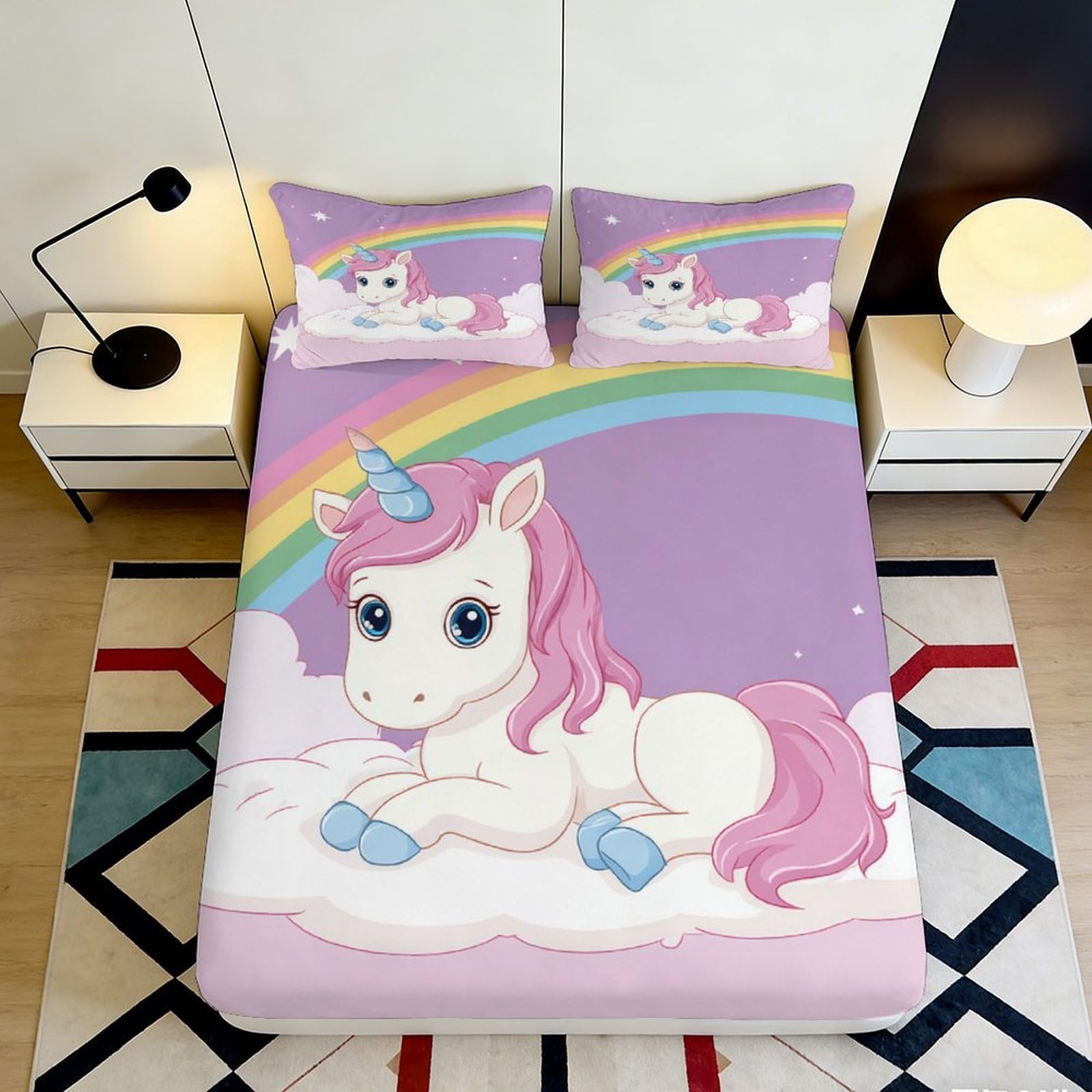 3D Printed Unicorn Rainbow Fitted Sheet Microfiber Soft Breathable Cartoon Bed Cover for Bedroom Dormitory Guest Room Mattress Protection 140x200x25cm