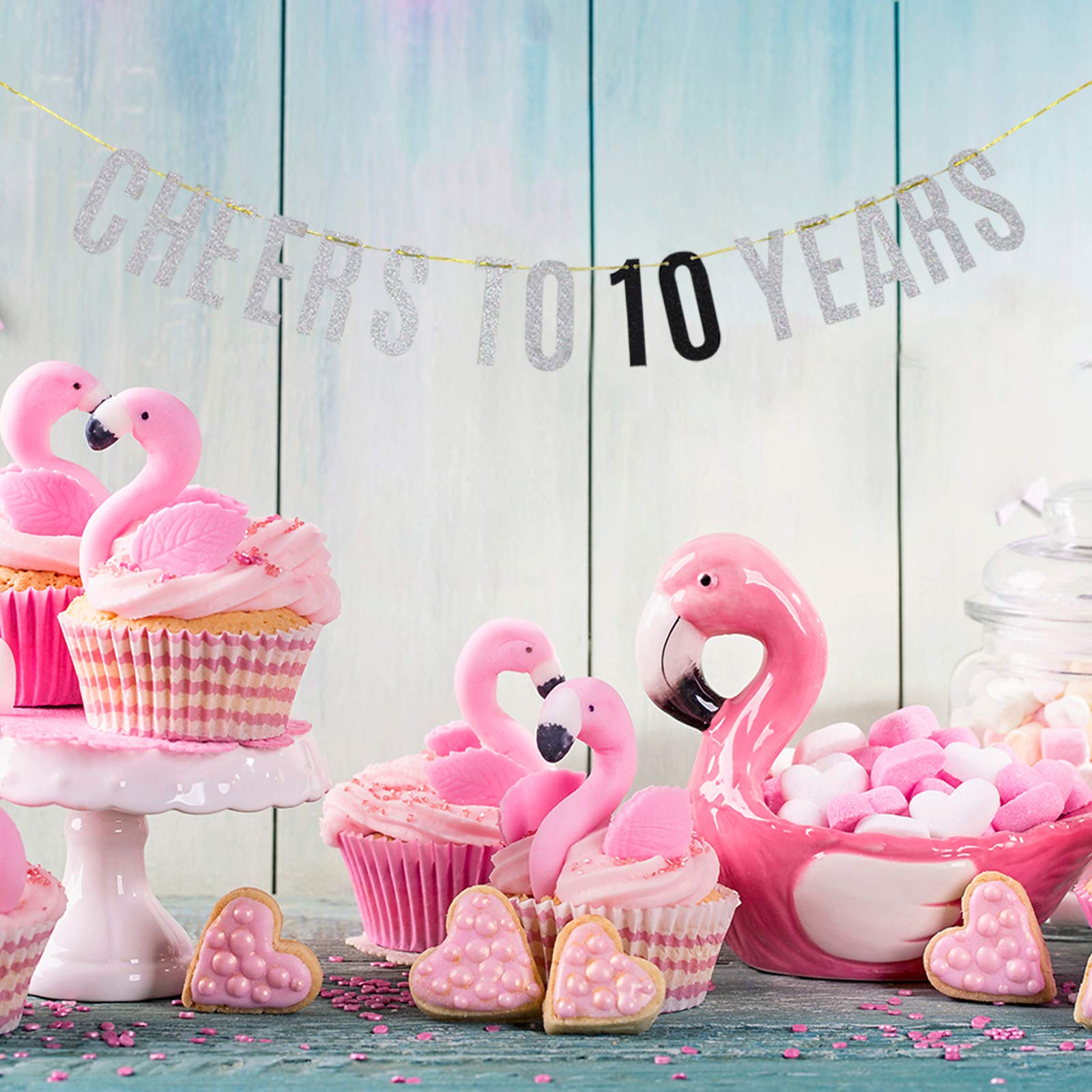 Cheers To 10 Years Banner - Silver Glitter 10th Birthday Or Anniversary Party Decoration