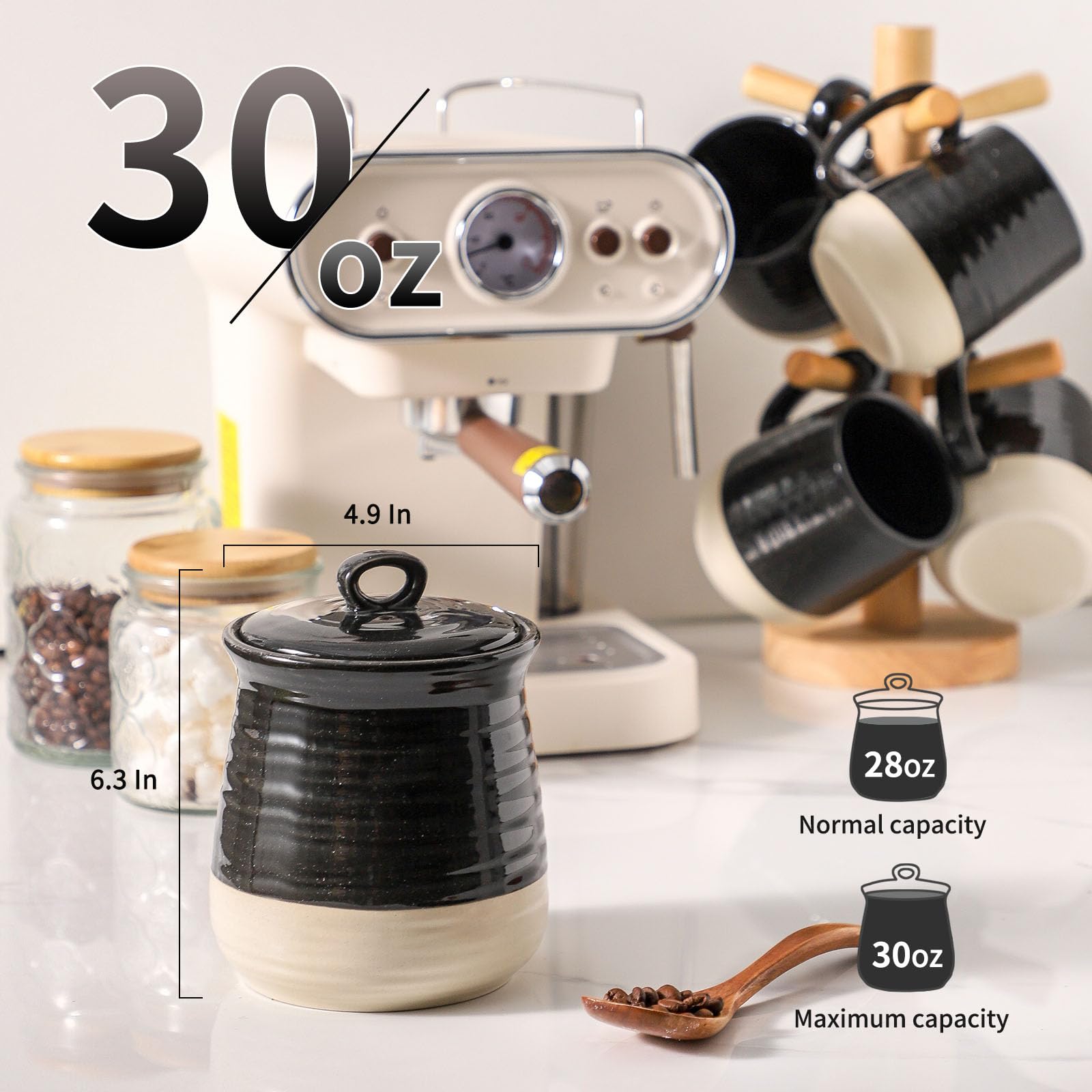 HASENSE Vorratsdose aus Keramik mit luftdichtem Deckel, 1000 ml, Küchenbehälter für Kaffeebohnen, Tee, Zucker und Süßigkeiten, Bauernhaus-Kaffee-Plätzchen-Behälter für Küchentheke, Schwarz