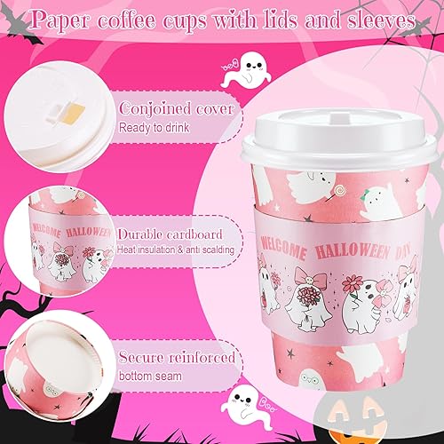 Vista 11 de Umigy Paquete de 100 tazas de café desechables de Halloween de 12 onzas, tazas de café de papel con tapas de cúpula y fundas para bebidas frías