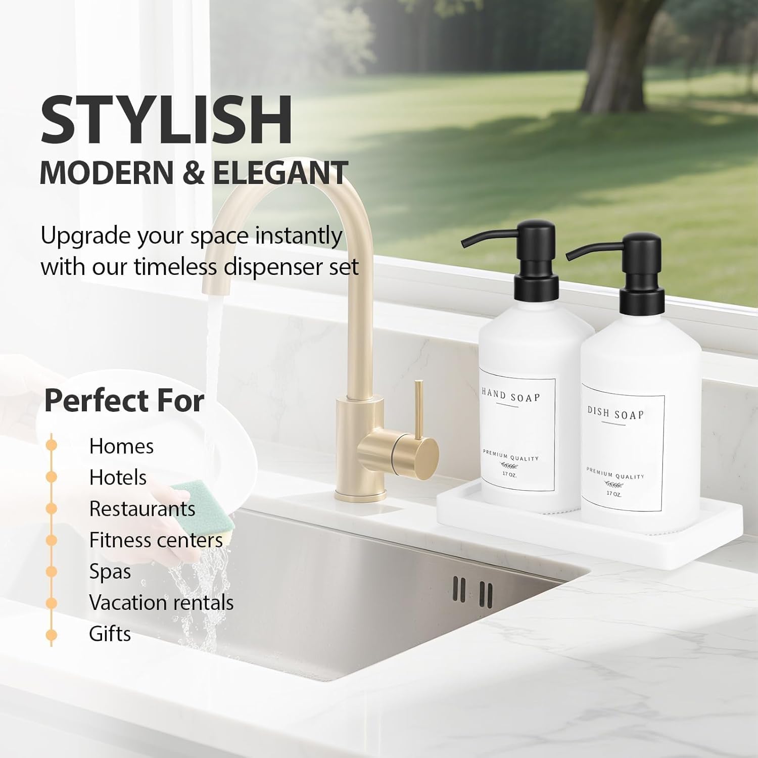 White Glass Kitchen Soap Dispenser Set, 17 OZ Hand and Dish Soap Dispenser Set with Rustproof Stainless Pump, 14 Waterproof Labels, Non-Slip Tray, Modern Bathroom Accessories(White Bottle/Black Pump) - Image 6