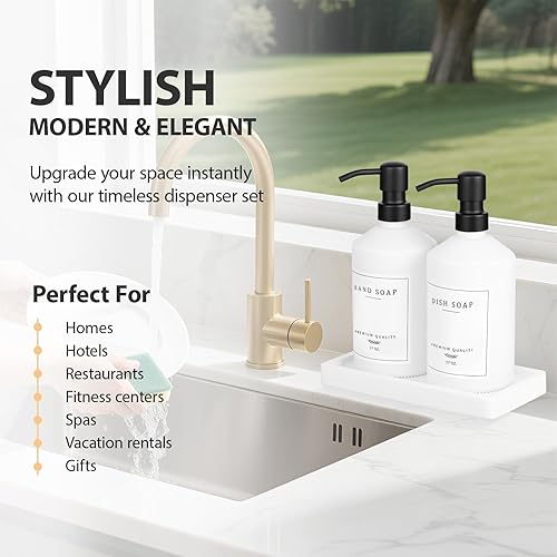 Miniatura 6 de Juego de dispensador de jabón de cocina de vidrio blanco, dispensador de jabón para manos y platos de 17 onzas con bomba inoxidable a prueba de