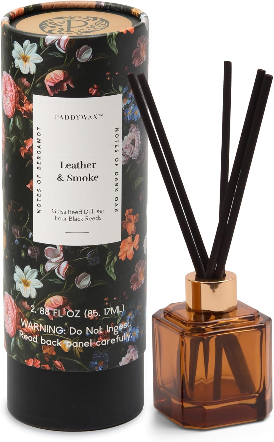 Paddywax Botanica Scented Oil Diffuser with Reeds in Reusable Amber Glass Bottle, Tubed Gift Box, Includes Diffuser Sticks, Long-Lasting Fragrance, Reusable & Upcyclable, Leather & Smoke, 2.8 fl oz