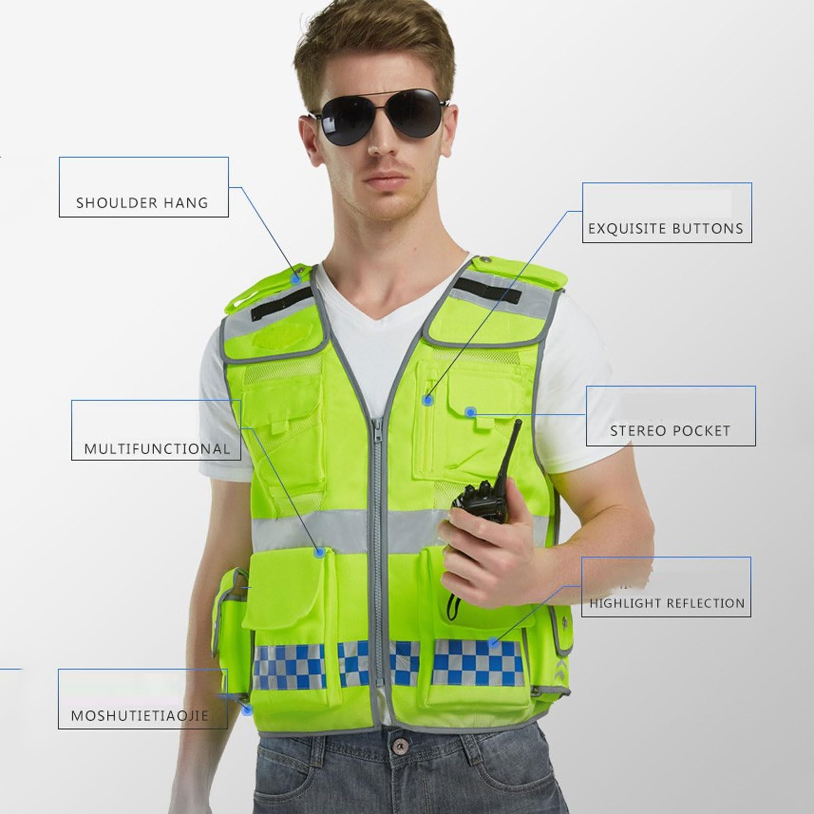 esmen Chaleco de seguridad de alta visibilidad, chaleco de trabajo reflectante de malla Oxford con múltiples bolsillos y cremallera frontal.