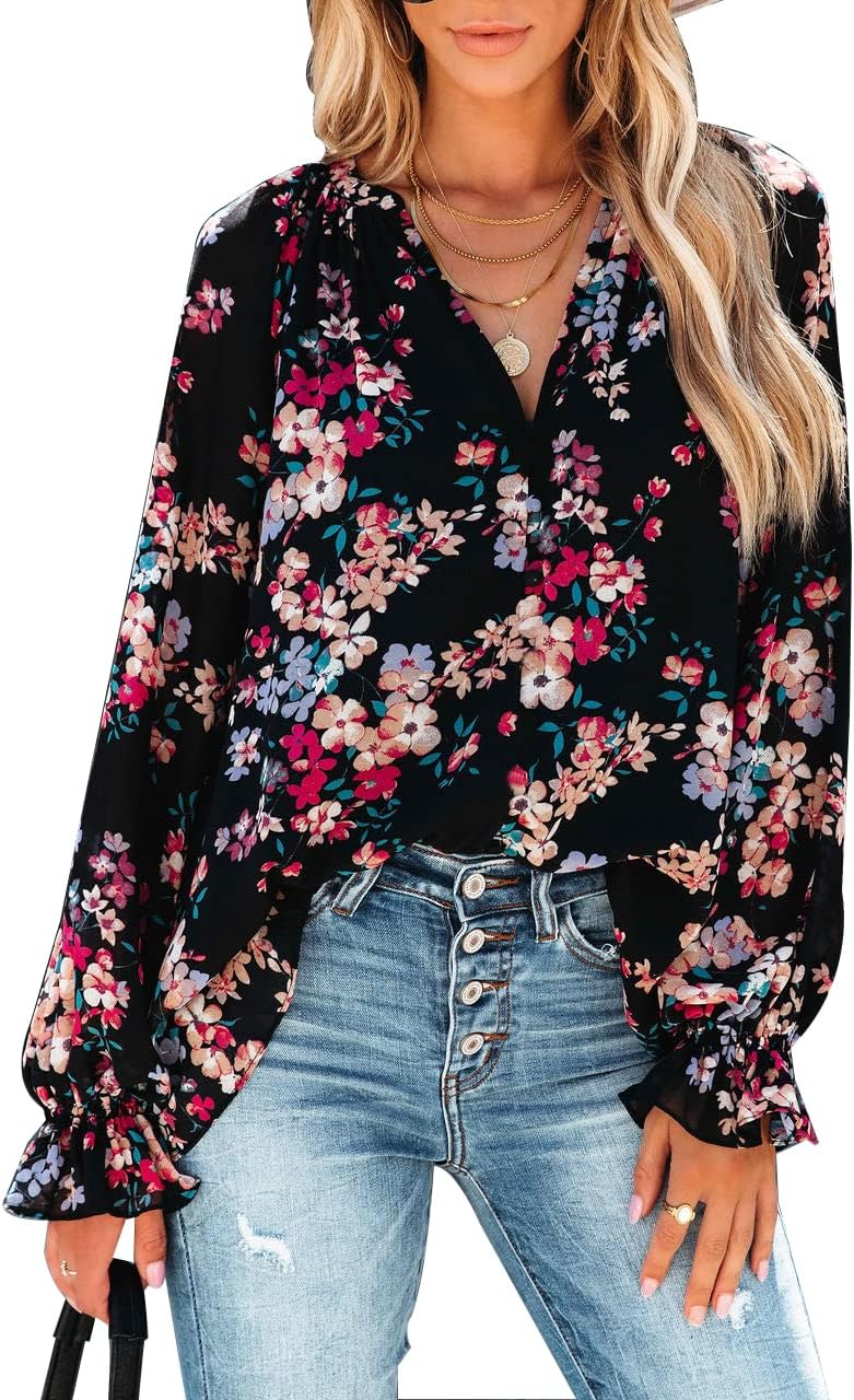 MLEBR Womens Tops Winter Loose V Neck Long Sleeve Blouses Tops Blooming Floral Printed Flowy Tunics Shirts for Women Black S