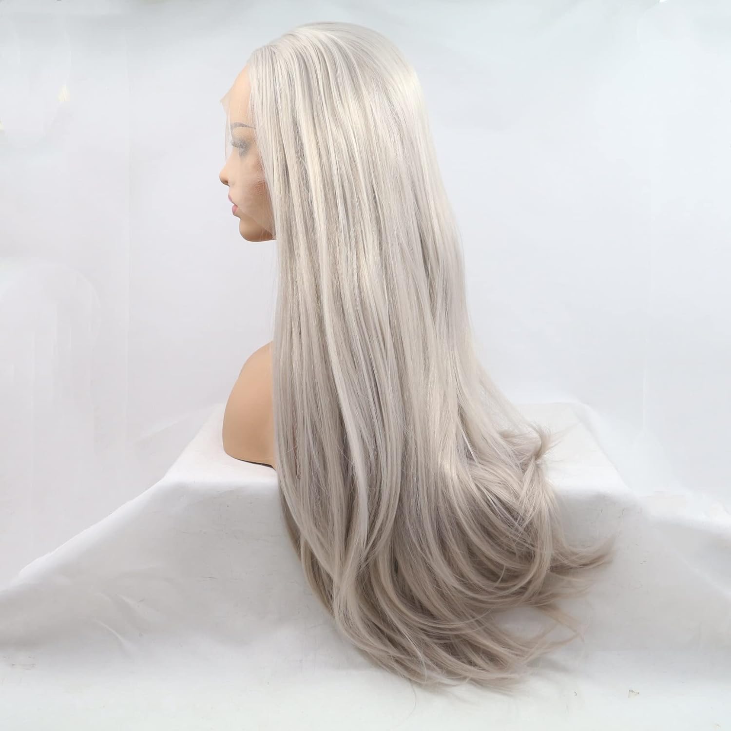 Xiweiya Wigs Long Silky Straight Wig Light Silver Gray Synthetic Lace Front Wig with Heat Resistant Fiber Middle Part for Women, Halloween Drag Queen Family Makeup Party Cosplay 24 Inch