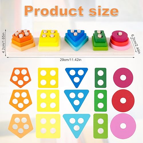 Miniatura 2 de NQEUEPN Juguetes apilables de madera Montessori, rompecabezas de bloques a juego para niños pequeños, juguete clasificador de formas de madera,